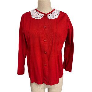 Vintage Red Button-Up Blouse With White Crochet Peter Pan Collar Fundraiser Supp